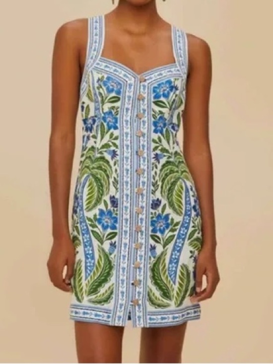 FARM Rio Dresses & Skirts - Farm Rio Tropicango Linen Mini Dress NWT S Blue Floral Crisscross Back $198